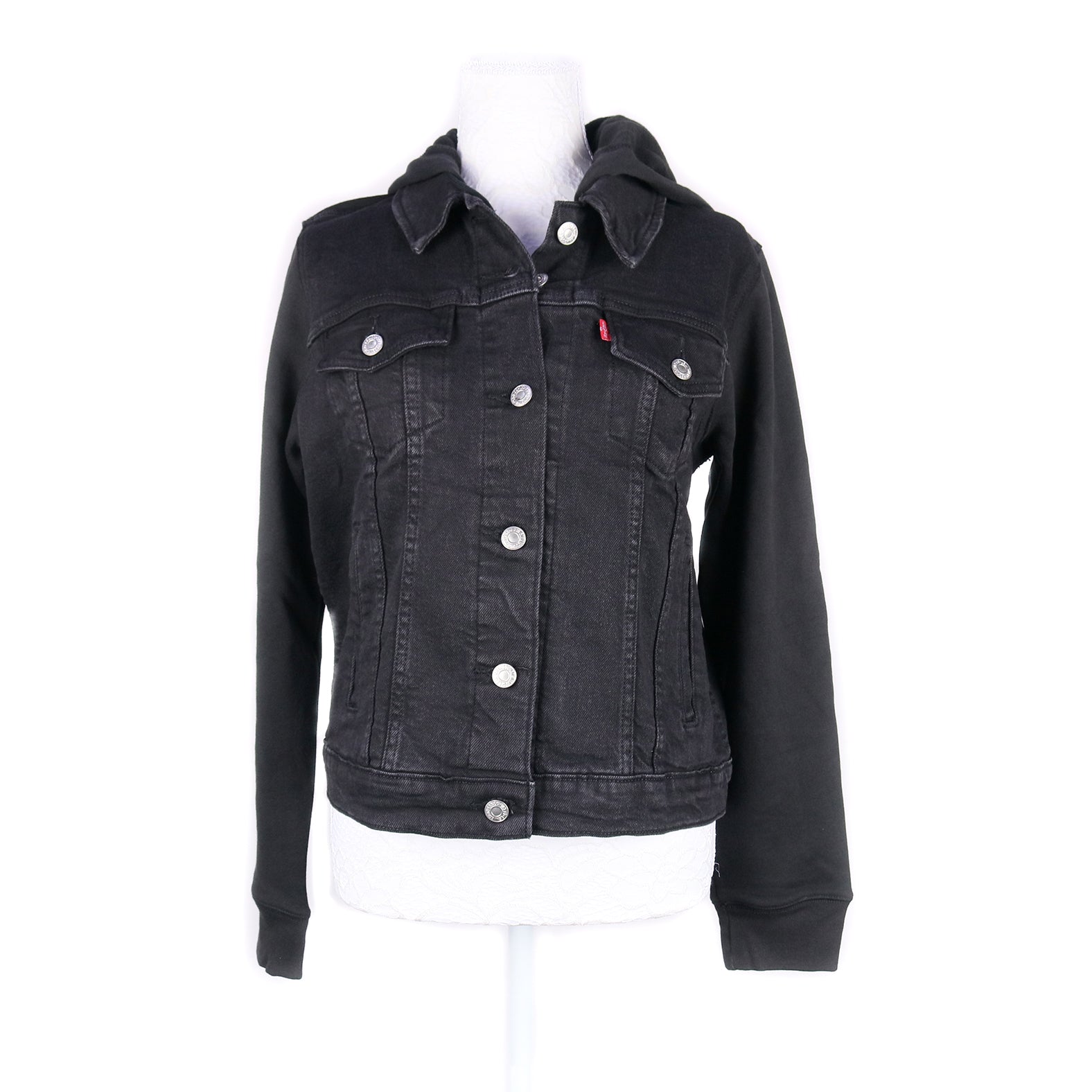 MK22512 - Embroidered Denim Jacket Black - Hooded
