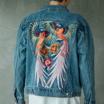 MK22508 Embroidered Denim Jacket Light Wash Blue Hooded Sustainable Fashion made by artisans